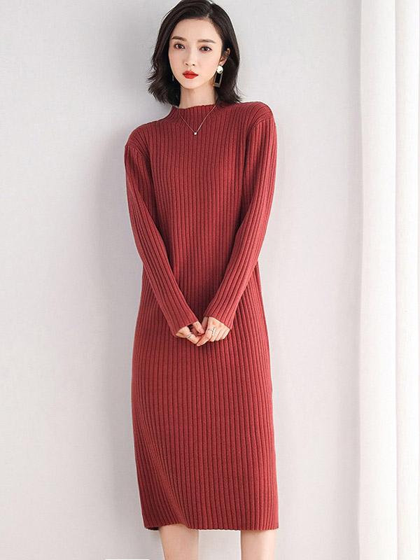 Loose Solid Color Sweater Midi Dress