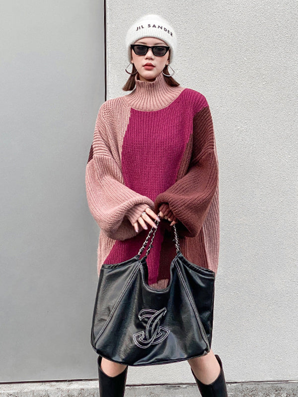 Urban Roomy Contrast Color High-Neck Sweater Tops