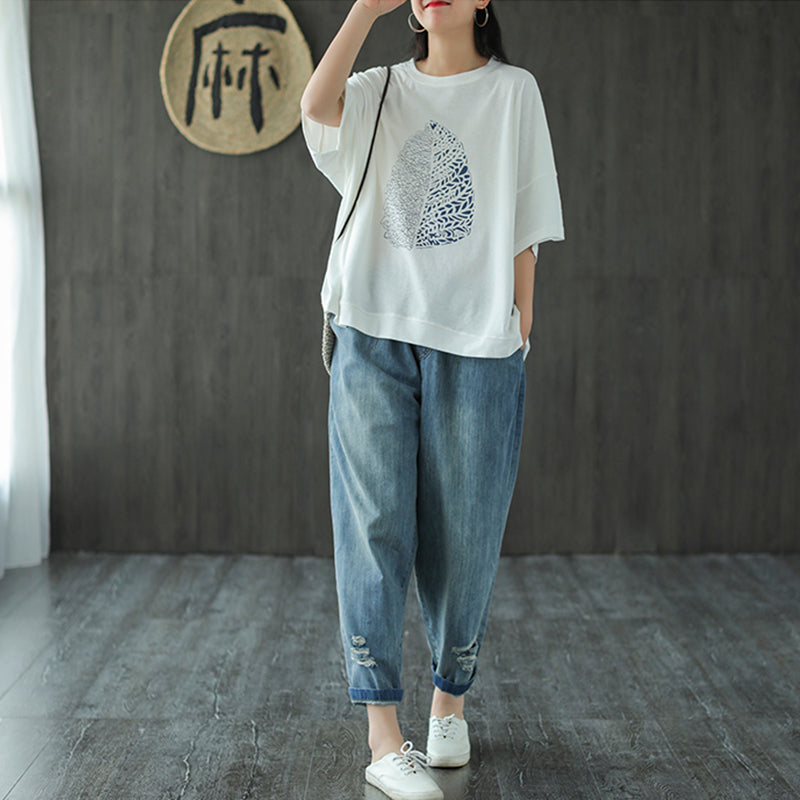 Leaf Printed Summer Half Sleeve Cotton T-Shirt