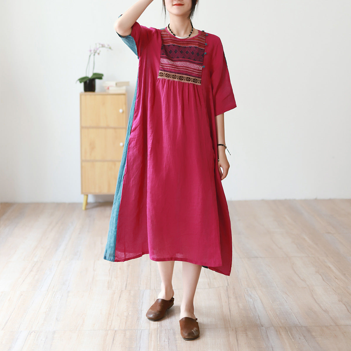 Embroidered Retro Loose Casual A-Line Maxi Dress