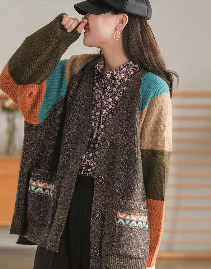 Color Clashing Retro Loose Sweater Coat