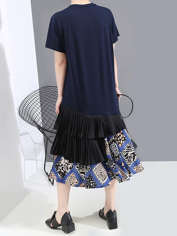 Splicing Cropped Floral Round Neck Dress