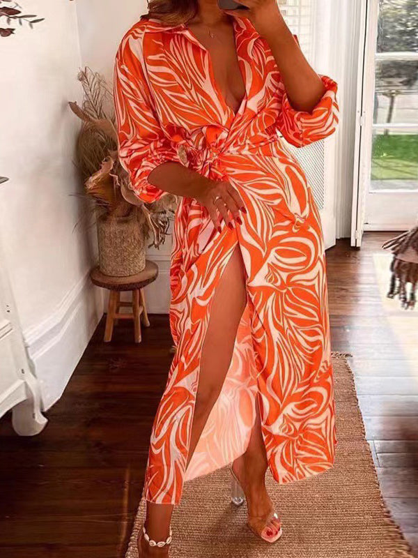 High Waisted Long Sleeves Asymmetric Knot Printed Zebra-Stripe Lapel Maxi Dresses