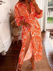 High Waisted Long Sleeves Asymmetric Knot Printed Zebra-Stripe Lapel Maxi Dresses