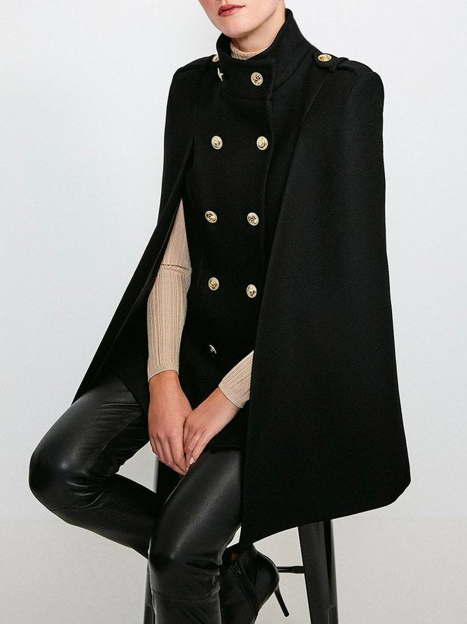 Loose Buttoned Solid Color Stand Collar Woolen Coat Cape Coats