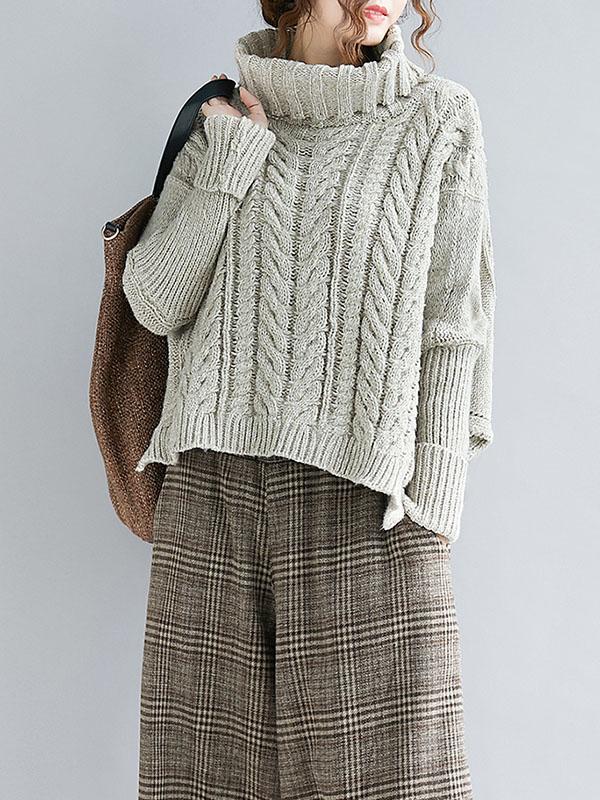 Cable- Knit High-neck Solid Loose Sweater