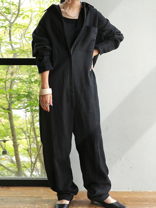 Casual Ramie Cotton Solid Color Split-Joint With Pocket Lapel Collar Long Sleeves Wide Leg Jumpsuits