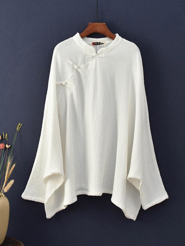 Vintage Solid Color Loose Button Bat Sleeve T-Shirt