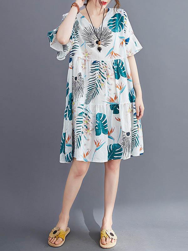 Fashion 2 Colors Printed V-Neck Dress