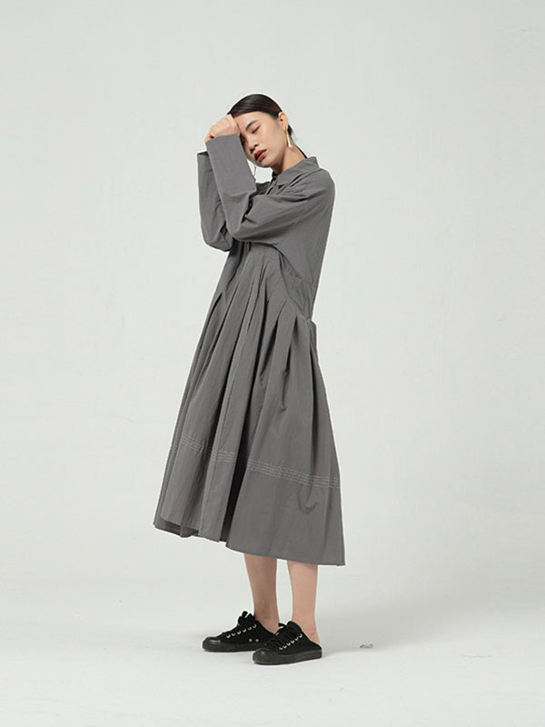 Solid Color Long Sleeve Pleated Maxi Dress