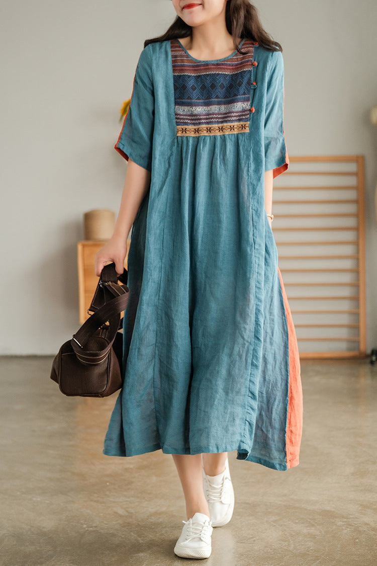 Embroidered Retro Loose Casual A-Line Maxi Dress