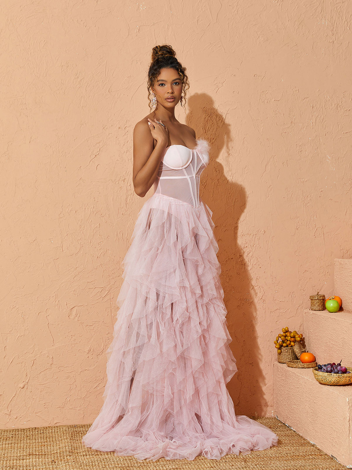 Titania One Shoulder Tulle Maxi Dress In Blush