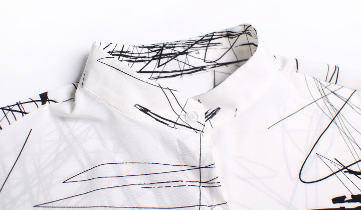 Loose Abstract Printed Irregular Stand-Collar Blouse
