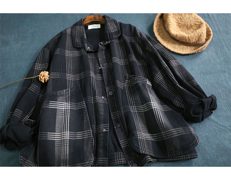 Vintage Loose Plaid Denim Short Coat