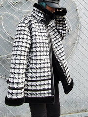 Women Plaid Stand Collar Casual Thick Coat