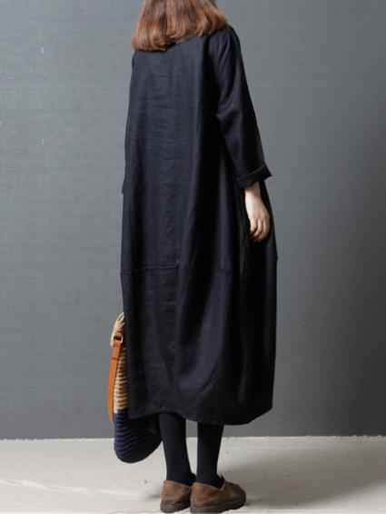 3 Colors Loose Ramie Cotton Long Sleeves Long Dress