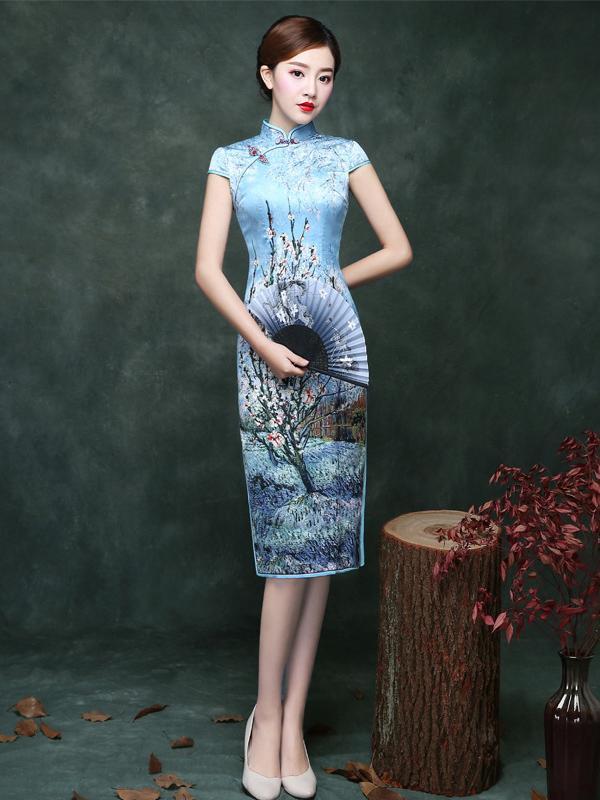 Blue Plum Blossom Short Cheongsam Dress