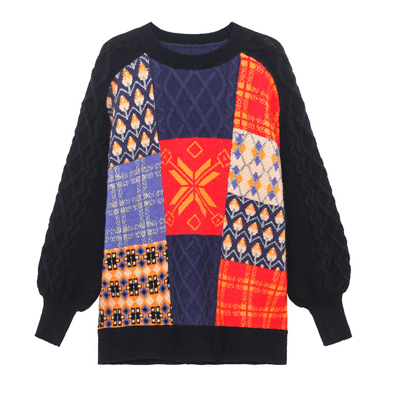 Vintage Color Block Loose Sweater