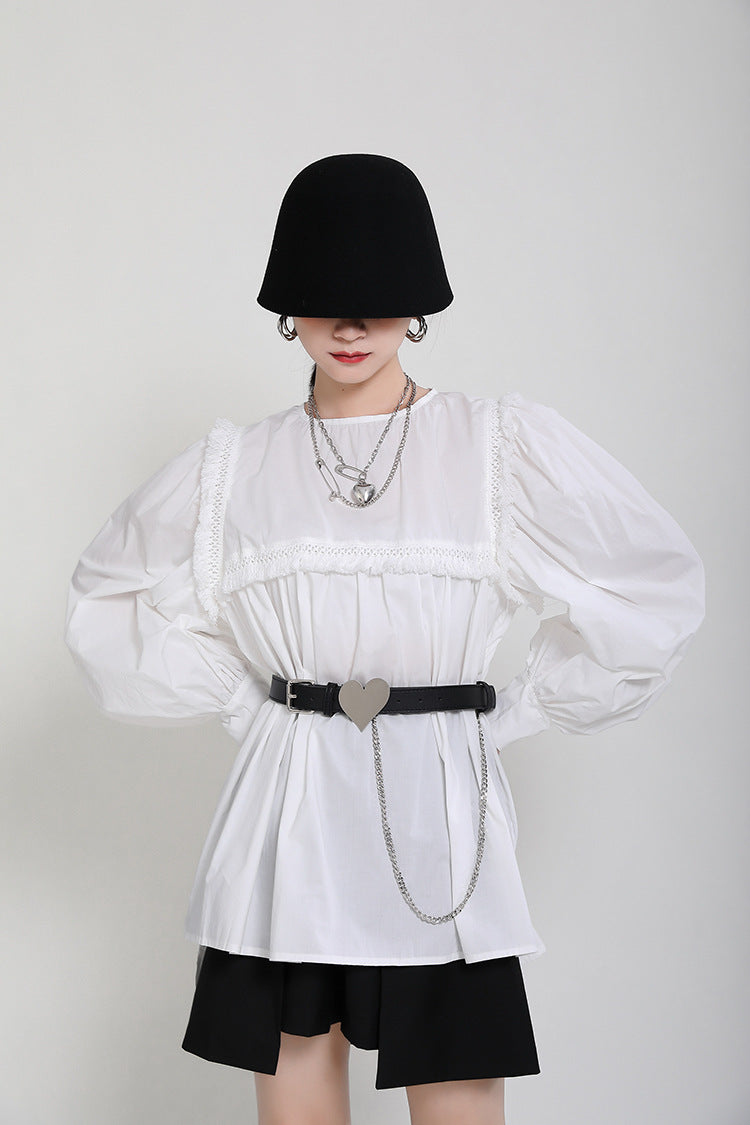 Puff Sleeves Solid Tasseled Cropped Blouse