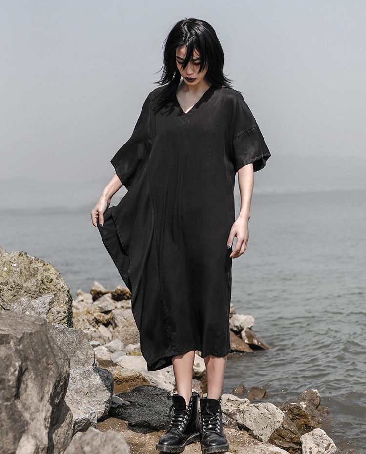 Women V-Neck Asymmetrical Loose Pleated Casual Dress