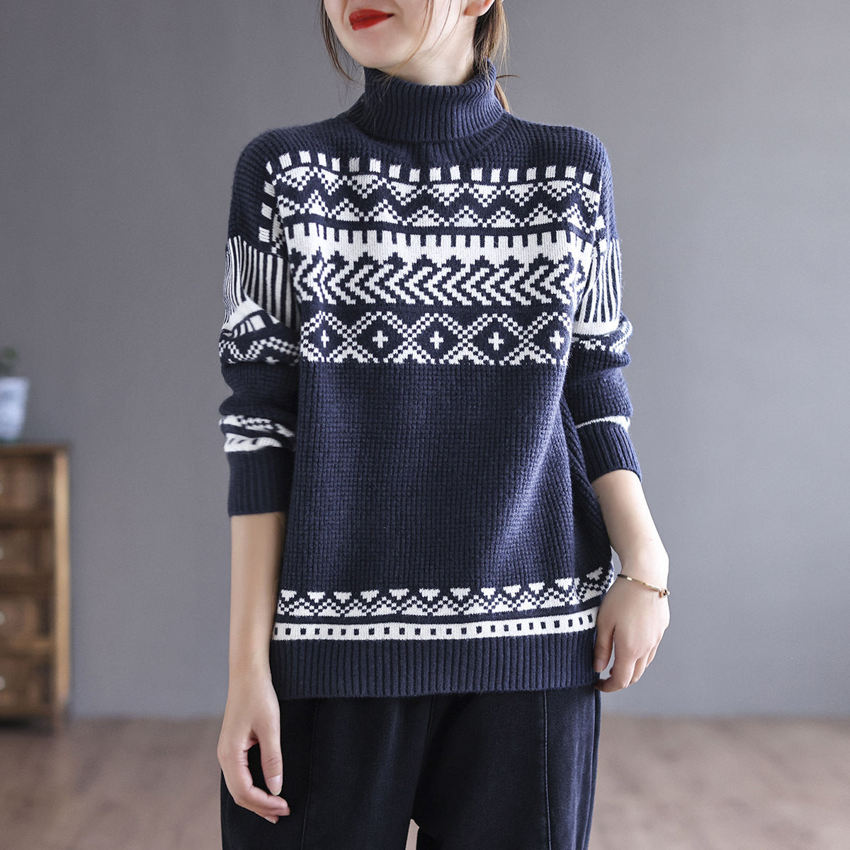 Vintage High Neck Crochet Knitted Sweater