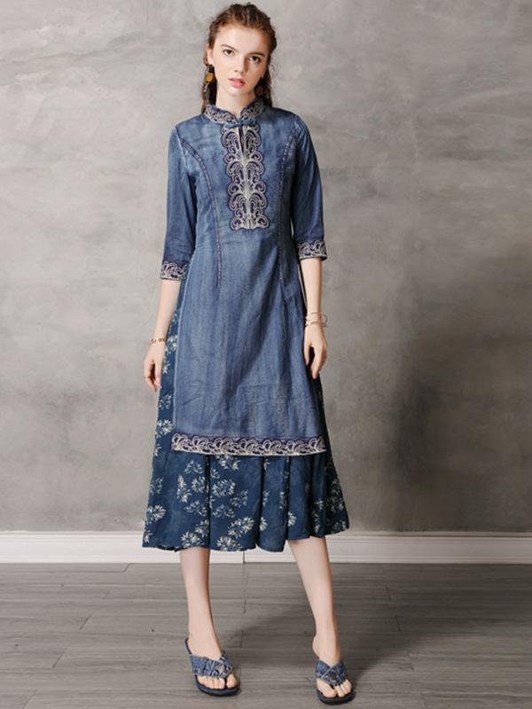 Retro Embroidered Split-joint Denim Dress