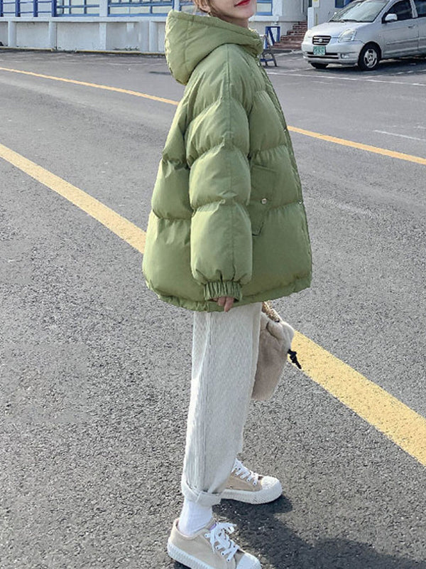 Women Solid Color Hooded Padded Coat