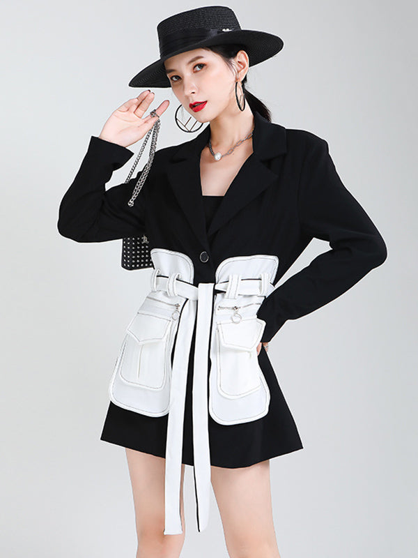 Black&White Split-Joint Lapel Belted Outwear