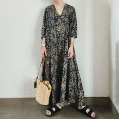 Vintage Print Deep V-Neck Casual Maxi Dress