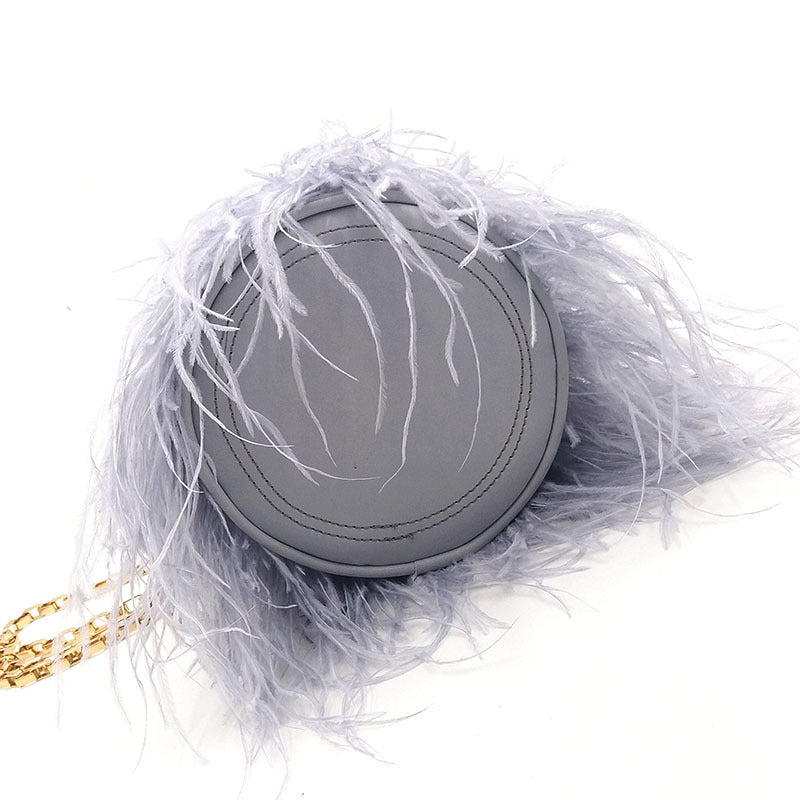 Ostrich Fur Tassel Metal Circle Handbag