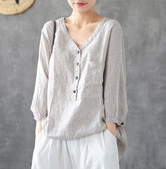 V-Neck Linen Striped Cotton 3/4 Sleeve Shirt