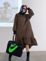 Casual Ruffled Solid Color Plaid Midi Dress