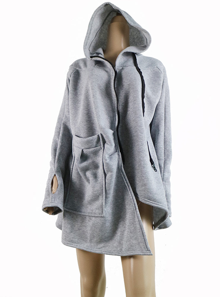 Irregular Hooded Zipper Plus Fleece Sweatshirt