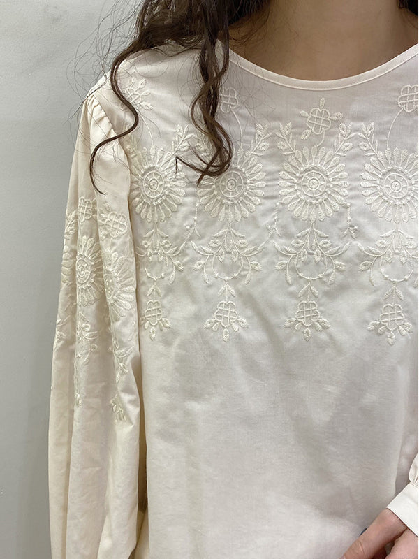 Round Neck Embroidered Long Sleeve Blouses Shirts Top