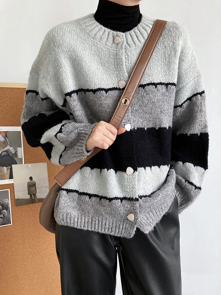 Color Block Round Neck Knitted Sweater Coat