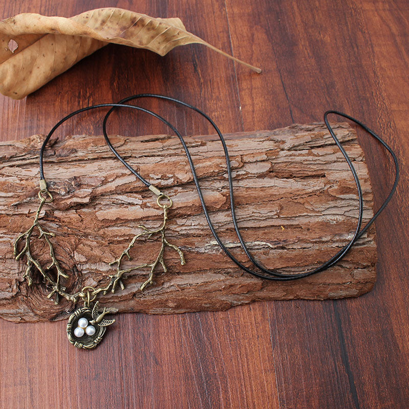 Wax Rope Necklace Alloy Bird's Nest Pendant Necklace