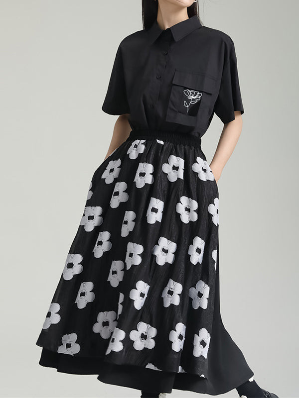 A-Line Roomy Flower-Embellished Contrast Color Split-Joint Skirts Bottoms