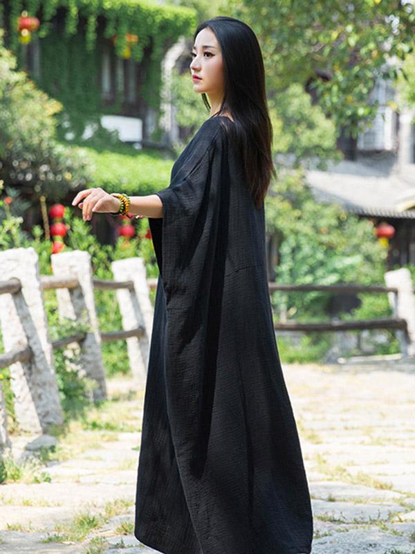 Loose Solid Batwing Sleeves Round-Neck Midi Dress