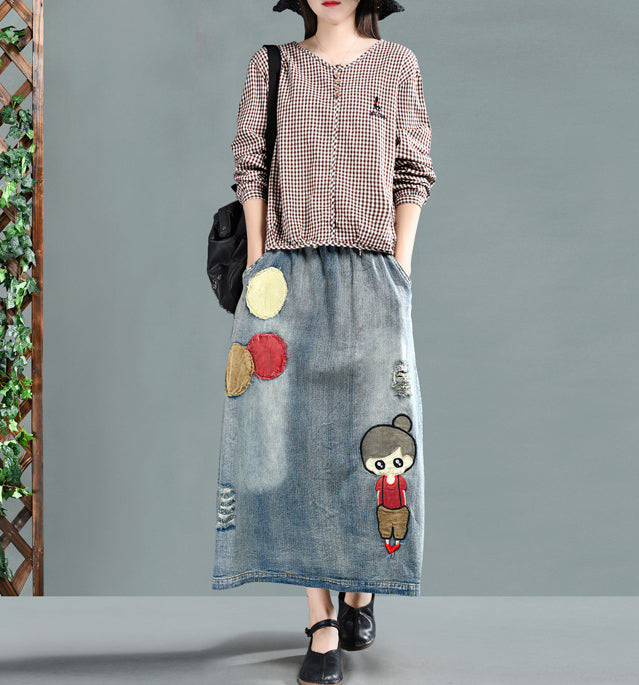 Embroidered Retro A-Line Denim Skirt