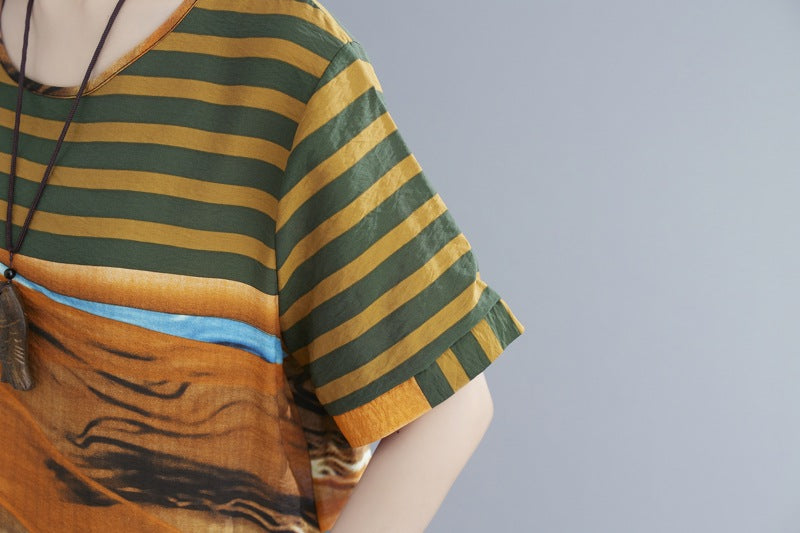 Ethnic Print Loose Round Neck Short Sleeve Dress