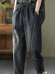 Casual Elastic Waist Embroidered Denim Pants