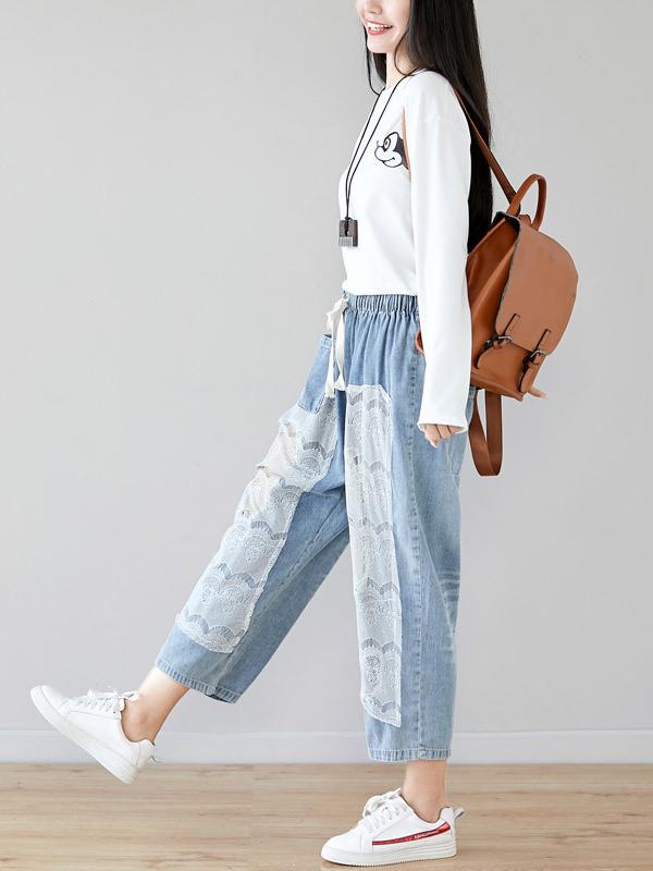 Lace Split-joint Drawstring Jean Pants