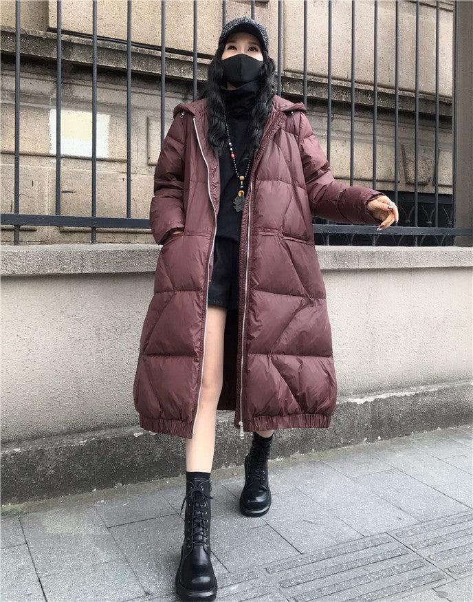 Large Size Loose Mid-Length Thick Hooded Down Coat