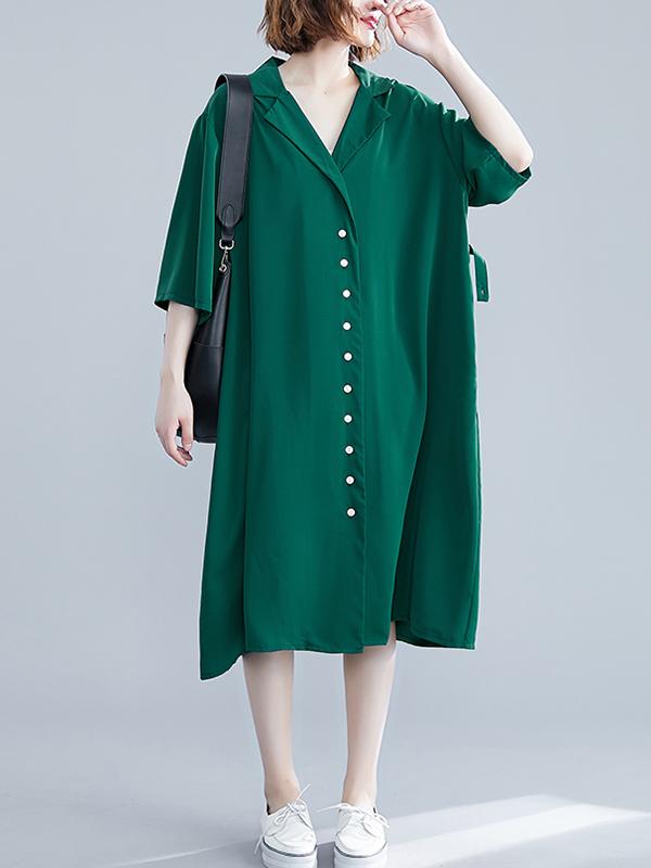 Green&Black Loose Lapel Half Sleeves Dress