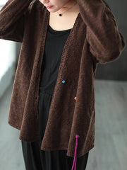 Solid V-Neck Loose Retro Cardigan Outwear