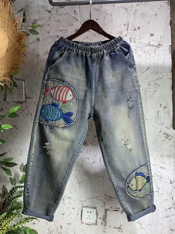 Vintage Loose Embroidered Cartoon Fish Patchwork Jean Pants