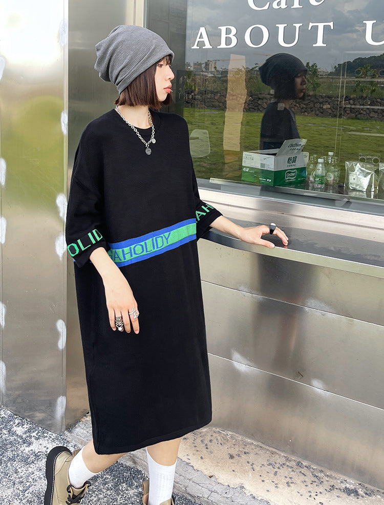 Loose Jacquard Letters Casual Knit Midi Dress