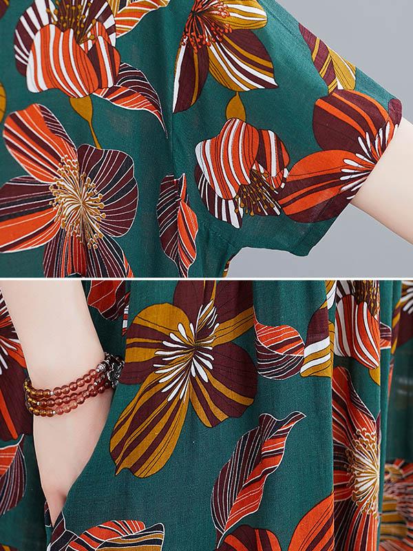 Vintage Floral Round-Neck Short Sleeve Dress