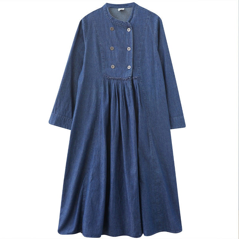 Retro Denim A-Line Stand Collar Midi Dress