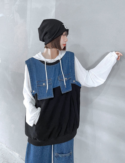 Denim Suits Loose Stitching Vest With Casual Pants